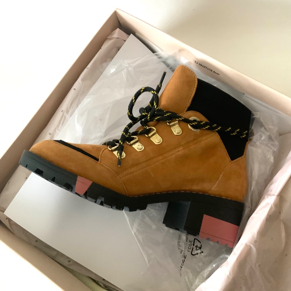 BCBGeneration Nalli Tan Suede Lace-Up Hiker Booties Brown Black Leather Boots 7 - Picture 11 of 12